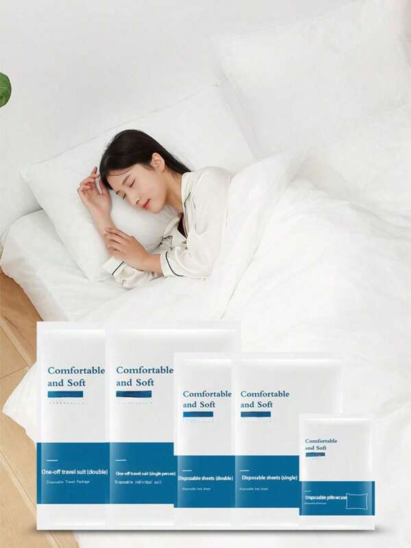 1 Pieza Juego de ropa de cama desechable para hotel y viaje Portátil Sábana + Funda de edredón + Funda de almohada doble Juego blanco de 4 piezas Artículos esenciales para la playa Vuelta al colegio
