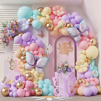 135pcs Elegant Balloon Arch, Butterfly & Flower Decor - Pink, Purple, Yellow, White - Ideal For Wedding, Birthday, Baby Shower - Aluminum Helium Balloons With Floral & Butterfly Decor, Event Decoration | Creative Decor | Durable Balloons, Butterfly Decor