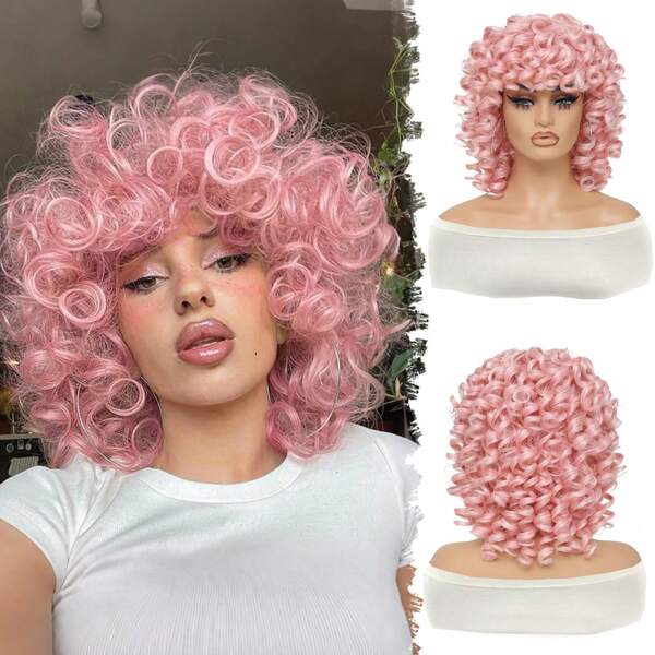 Short Curly Wigs For Women Afro Big Curly Wig With Bangs Soft Bouncy Fluffy Heat Resistant Synthetic Wig For Daily Party Use