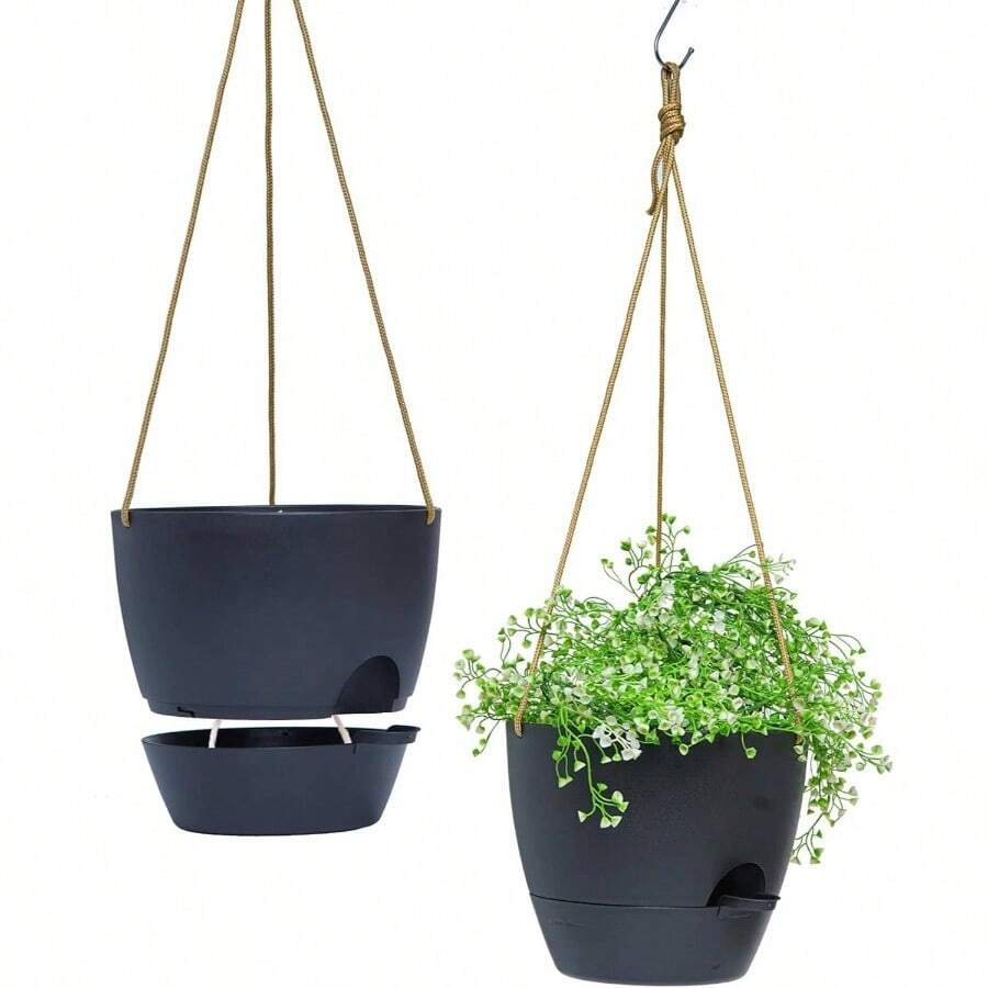 10 Inch Self Watering Hanging Pots, 2 Pack Hanging Planters With 40oZ Deep Reservior For Indoor Outdoor Plants Flowers, Black