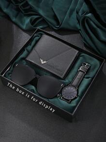 Set de 3 piezas de reloj de negocios de lujo, billetera y gafas de sol de estilo minimalista y casual para hombres, adecuado para uso diario, diseñado para hombres, esencial para el atuendo diario de los hombres, regalo ideal para él en ocasiones como regreso a la escuela, Halloween, Acción de Gracias, Aniversario