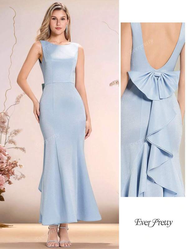 EVERPRETTY Vestido de dama de honor elegante con lazo y espalda descubierta, vestido formal azul