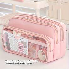 [ Cosmetic Bag] Large Light Blue Multi-Compartment Pencil Case | Twill Fabric With Clear Window, Portable Cosmetic Bag For Stationery, Makeup, And Accessories, Makeup Organizer,Back To School - Multicolor - View 1