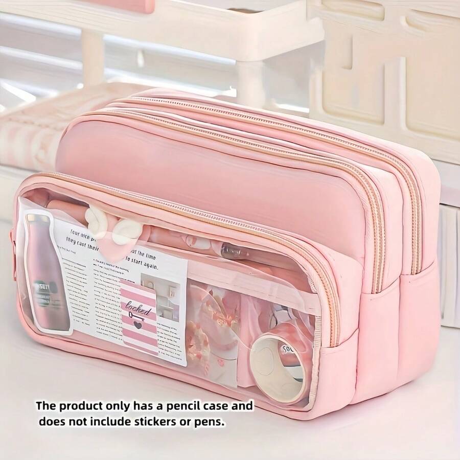[ Cosmetic Bag] Large Light Blue Multi-Compartment Pencil Case | Twill Fabric With Clear Window, Portable Cosmetic Bag For Stationery, Makeup, And Accessories, Makeup Organizer,Back To School - Multicolor - View 1