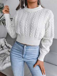 Women's Cable Knit Crew Neck Long Sleeve Cropped Pullover Sweater, Casual For Autumn/Winter - trắng - Xem 3