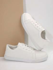 Plus Size Women's Casual Lace-Up White Sneakers, 2025 New Versatile Casual Sports Solid Color Flat Student Shoes, Lightweight Casual Fashion Shoes - White - View 7