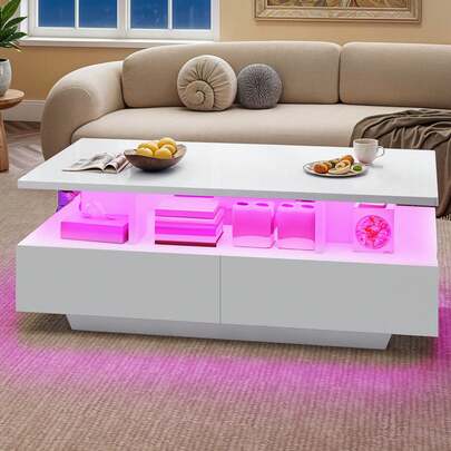 BALCONERA White UV High-Gloss Coffee Table With 4 Drawers – 7-Color RGB LED Strip , 90*55*41CM E1 MDF Coffee Table For Living Room, Home Office & Lounge, Knock-Down Design