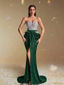 Vestido de noche con corsé con lentejuelas plateadas sin tirantes, vestido de sirena formal sexy para mujer, vestido de gala brillante, vestido de lujo para gala, vestido largo con cuentas sin hombros, vestido maxi ajustado para alfombra roja