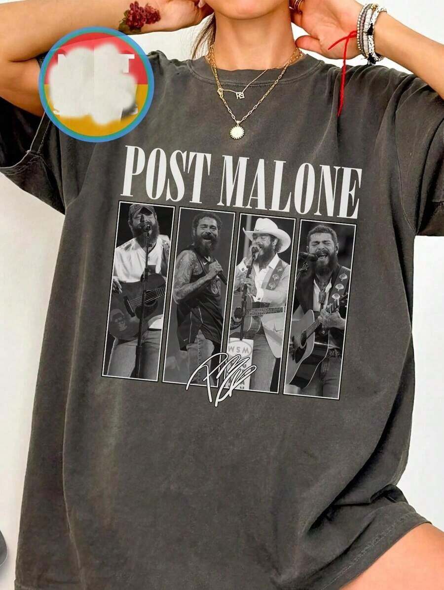 Posty Malone Tour Vintage Rap Country Concert Printed TShirt,Women Oversized Y2K Western Cowgirl Bootleg Cotton Crew Neck Summer Festival Vacation Top - AA8 - 查看 1