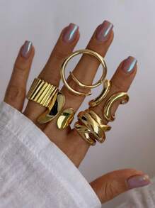 9-5 件复古时尚优雅复古硬币金属多元素彩色宝石、猫眼、水晶镶嵌亚克力可调节戒指套装，厚实锤纹不对称几何戒指，波西米亚风格多层堆叠戒指，适合女士、男士、情侣、夏季、度假、派对、婚礼、日常搭配、节日礼物 - 彩色 - 查看 9