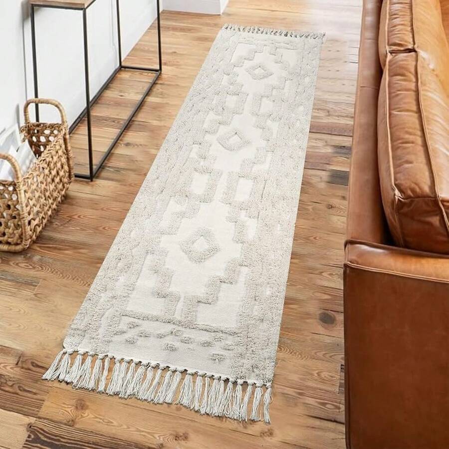 Boho Area Rug 3' X 5', Washable Cotton Woven Entryway Rug With Tassels, Moroccan Tufted Bedroom Rug, Farmhouse Floor Carpet Entry Office Porch Living Room Kitchen, Modern Bohemian Style - 淺褐色的 - 查看 1