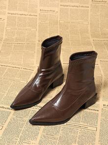 时尚优雅棕色褶皱皮革女式踝靴，尖头粗跟一脚蹬正装靴，2025 秋冬新款中筒靴，适合街头、商务、派对、婚礼、夜总会 - 咖色 - 查看 1