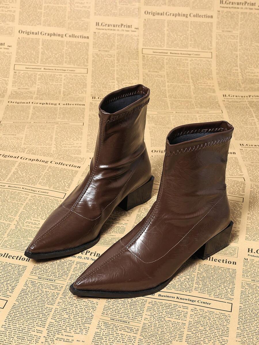 时尚优雅棕色褶皱皮革女式踝靴，尖头粗跟一脚蹬正装靴，2025 秋冬新款中筒靴，适合街头、商务、派对、婚礼、夜总会 - 咖色 - 查看 1
