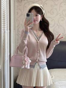 Korean Style Sweet & Cute Girl Slouchy Splice V-Neck Contrast Color Long Sleeve Sweater Cardigan, Spring/Autumn - Pink Gray - View 3