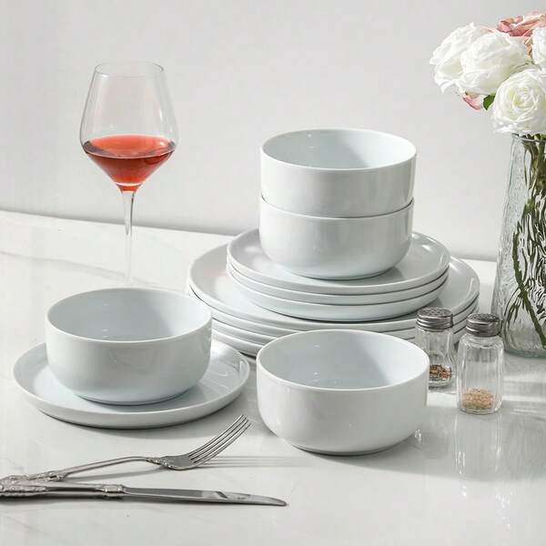 MBB 1 Juego de vajilla de porcelana, juego moderno de platos y tazones de servir, juego de platos blancos, resistente a astillas y rasguños, juego de vajilla de cocina para uso doméstico, de hotel, de boda, de fiesta y de uso diario
