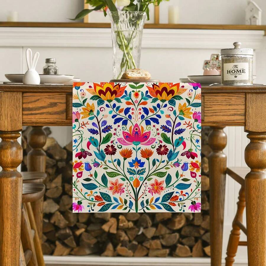 1/4pcs/10pcs Floral Pattern Table Runner & Placemat Set, Mexican Day Of The Dead Atmosphere Festival Table Decor Fabric Flags, Decorations, Gift Table Runner & Placemat Set Suitable For Indoor And Outdoor Celebrations, Seasonal Party Supplies, Kitchen Dining Table Decor, Party Table Decor, Home Room Decor Table Flags, Restaurant Decor Tablecloth