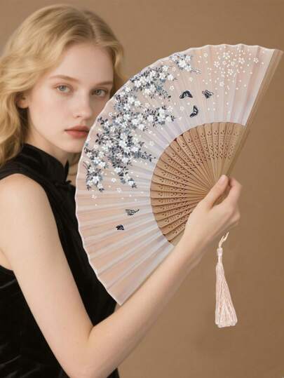 1PC Vintage Handmade Bamboo Folding Fan With Tassel - Elegant Lady Gift, Wedding Party Favor, Traditional Handheld Fan For Hanfu & Summer Cooling