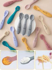 Juego de 3 piezas de vajilla para bebé con personalización de patrón y nombre, cuchara y tenedor de entrenamiento mini de silicona, herramientas de alimentación para bebé, artículos esenciales de vajilla - Multicolor - Ver 7