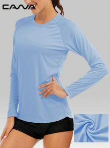 Cavva 女式夏季 UPF50+ 速干吸湿排汗长袖上衣 100% 涤纶 轻盈透气 圆领 修身 女士插肩袖 休闲户外