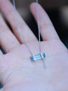 夏季 925 纯银女士项链，方形海蓝宝石水晶项链，镶嵌精美钻石锆石时尚珠宝礼物，适合海滩度假、节日、约会和女性日常佩戴 - 銀色藍色水晶 - 查看 7