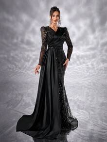 YISIKADO Women Mesh Contrast Pleated Satin Luxury Sequin Evening Dress Formal Dress V Neck Long Sleeve Elegant Wedding Guest Dress, For Graduation, Banquet Dinner Ceremony Celebration Ceremonial Dress - 黑色 - 查看 3