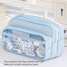 [ Cosmetic Bag] Large Light Blue Multi-Compartment Pencil Case | Twill Fabric With Clear Window, Portable Cosmetic Bag For Stationery, Makeup, And Accessories, Makeup Organizer,Back To School - Multicolor - View 14