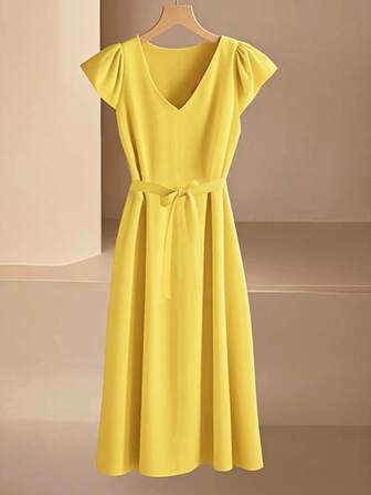 SuofeiMan Vestido elegante de talla grande con cuello en V, vestido de unicolor versátil y estilizador de longitud media con cinturón, adecuado para uso casual, de oficina y diario