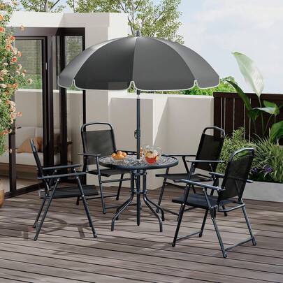Juego de comedor de exterior de 6 piezas con sombrilla, mesa de patio y 4 sillas plegables con sombrilla, juego de muebles de jardín con sombrillas, mesa de comedor con tablero de vidrio templado.