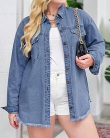Vetinee Women's Oversized Button Up Frayed Hem Shacket Long Sleeve Pockets Denim Jean Jacket - 千洋之藍 - 查看 4