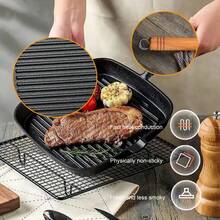 Black Square Thick Cast Iron Frying Pan, Barbecue Pan, Striped Steak Pan, Uncoated Non Stick Frying Pan, Barbecue Picnic Pan, Multifunctional Square Baking Pan With Pouring Port, Durable Barbecue Frying Pan, Suitable For All Stoves (Gas, Electricity, Induction) - màu đen - Xem 5
