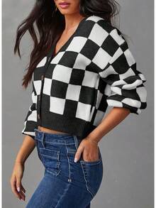Women's Checkered Button Down Long Sleeve Knit Cropped Cardigan Sweater Tops, Style - Black - View 3