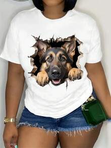 Women's Playful German Shepherd Torn Paper Graphic T-Shirt - Soft Stretch Round Neck Casual Tee, Machine Washable All-Season Comfort Fit For Casual Attire, Cute T Shirts, Relaxed Fit Tee, Nontran - 白色 - 查看 1