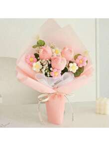 1 件手工钩针玫瑰和郁金香花束，针织花工艺品，生日/毕业礼物，送给女朋友，万圣节