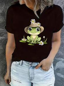 Women's Cute Frog Floral Print Casual T-Shirt, Round Neck Short Sleeve, Soft Summer Top, Suitable For Daily Wear