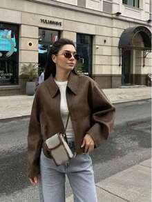 Camellia New Autumn/Winter Women's American Minimalist Street Fashion Zip Decor Lapel Jacket Spring - Coffee Brown - View 7