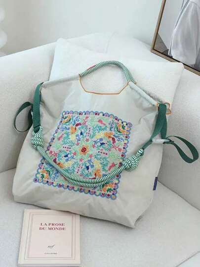 New Casual Fashion Embroidered Pattern Foldable Nylon Shopping Bag, Handbag, Large Capacity Suitable For Commuting, Shopping, Beach, Party, Handheld Or Shoulder Strap