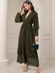 1 套女士双层裙子褶皱雪纺穆斯林开衫长袍配雪纺围巾阿拉伯长袍休闲伊斯兰罩衫适合日常和节日场合 - 軍綠色 - 查看 8