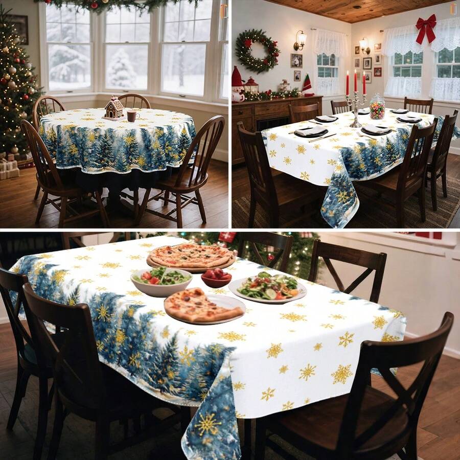 1/36 piezas Mantel decorativo impreso digitalmente con diseño de copos de nieve y árboles de Navidad - Rectangular y redondo de poliéster lavable, adecuado para decoración de comedor interior, reunión familiar, regalo, fiesta festiva, sala de estar, cocina, banquete de hotel
