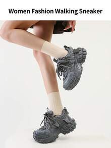 somiliss 1 Pair Women's Lace-Up Casual Sports Shoes, Slip-Resistant, Breathable Mesh Upper, Comfortable For Students, Running, 2025 Autumn New Personalized Pineapple Sole, 6cm Platform, Low-Top Outdoor Walking Shoes, Gray