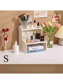 1pc White Wood-Plastic Composite Storage Rack For Bedroom,Living Room,Office, Dorm Desktop Organizer For Cosmetics, Figurines, Books, Pens, Calendar, Lipstick, Facial Mask Etc. Acrylic Ladder Display Stand, 3-Tier Trapezoidal Display Stand, Home Storage Display Stand Jewelry Cosmetics Display Stand, Multi-Layer Organizer Transparent Display Stand Cake Stand Perfume Rack - White - View 6