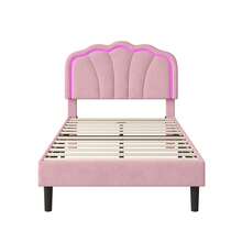 Flieks 3ft Single Upholstered Bed With LED Adjustable Shell Shape Headboard, Soft Velvet Bed Frame With Solid Wood Slat, No Box Spring Needed, Easy Assembly (No Mattress) - Pink - View 10