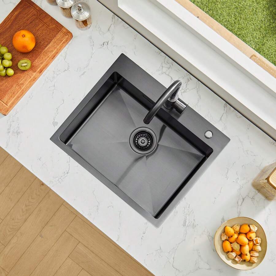 68cm Kitchen Sink Workstation, 304 Stainless Steel Top Mount Sinks, Drop-In Single Bowl Farmhouse Basin With Accessories, Household Dishwasher Sinks For RV, Prep Kitchen, And Bar (Black) - Black - View 1