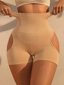 1pc Seamless Hollow Lift Hip High Waist Shapewear Shorts, Elegant Stretchy Knitted Fabric Machine Washable Ladies Shorts - 杏色 - 查看 6