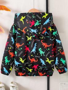 Tween Boy Dinosaur Print Warm Hooded Jacket - Black - View 2