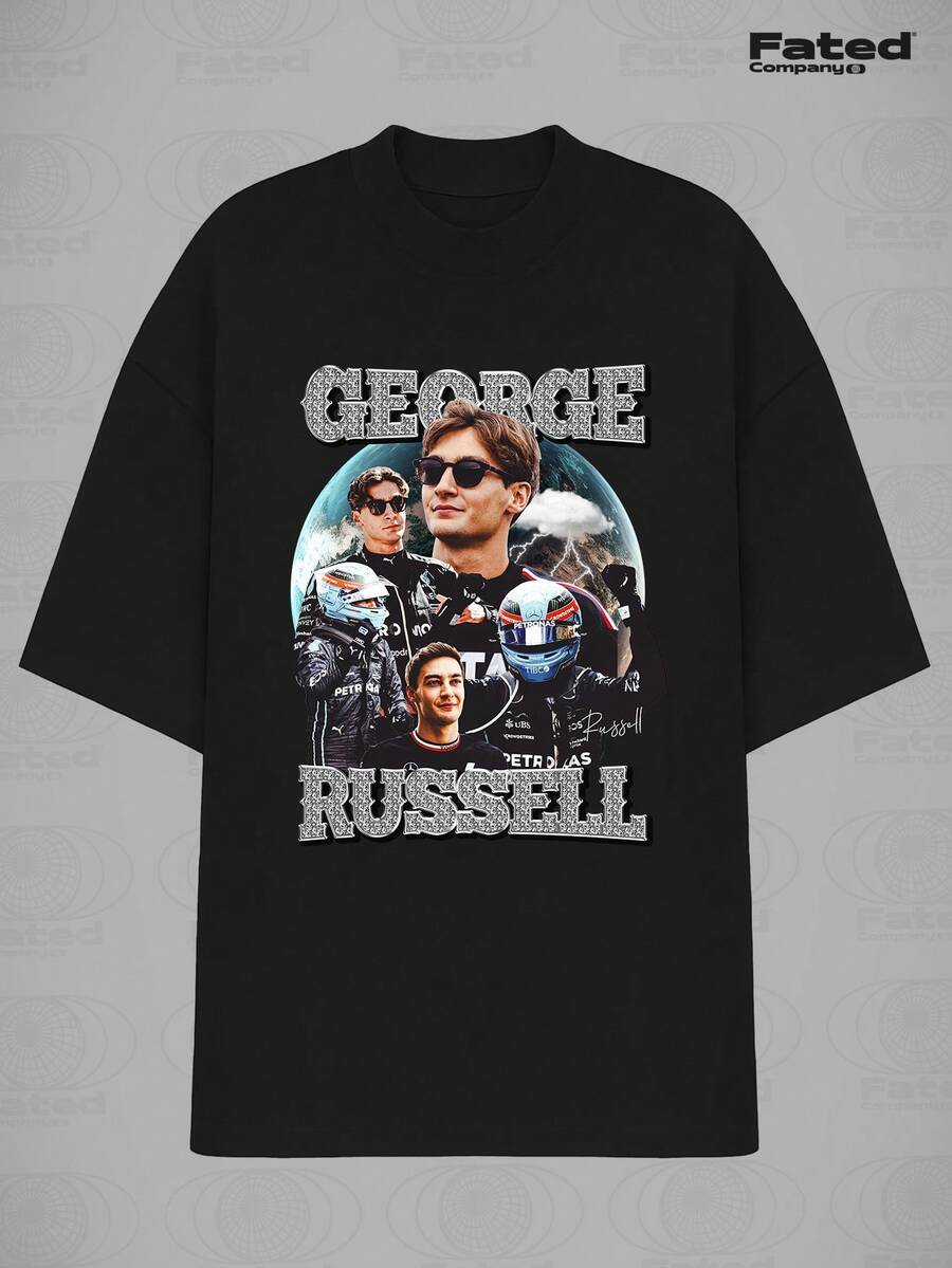 F1 George Russell Bootleg Mercedes-Benz T-Shirt 100% Cotton Unisex - 黑色 - 查看 1