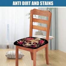 1/4/6/40 Stücke Halloween-Thema mit Totenkopf umgeben von Blumen bedruckte abnehmbare Stretch-Milchfaser-Stuhlbezüge, Restaurantstuhlbezüge - quadratische Sitzkissen für Restaurant, Küche, Esszimmer, Hotel, abnehmbare weiche Kissen-Stuhlbezüge