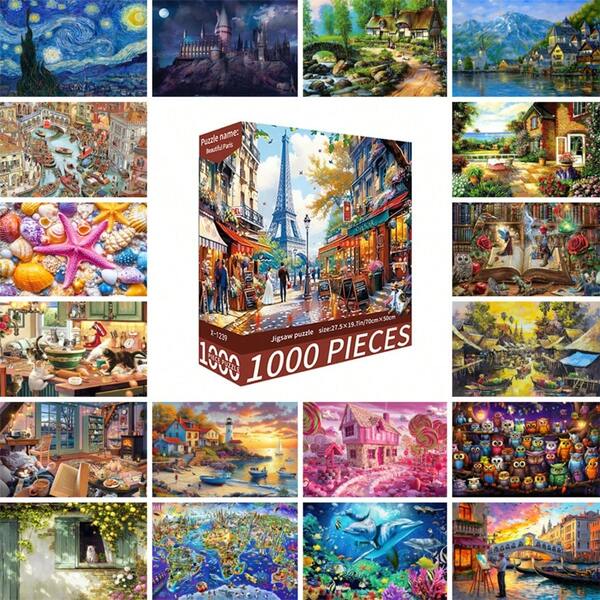 1 Scatola 1000 Pezzi Puzzle, Dimensione 70cm*50cm, Stile Pittura ad Olio di Paesaggio e Cartone Animato, Sollievo dallo Stress per Adulti, Arte Decorativa, Adatto per Ognissanti, Natale, Regali per le Vacanze