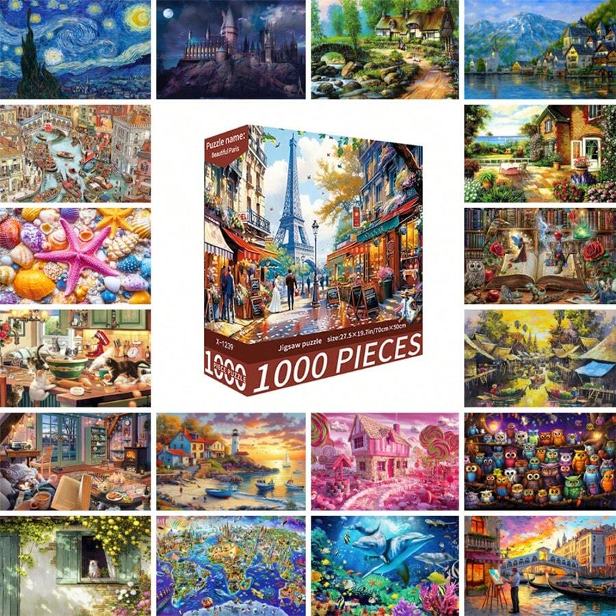1 Box 1000 Piece Jigsaw Puzzle Toy, 70cm*50cm Size, Landscape & Cartoon Oil Painting Style, Adult Stress Relief, Decorative Art, Suitable For Halloween, Christmas, Holiday Gifts