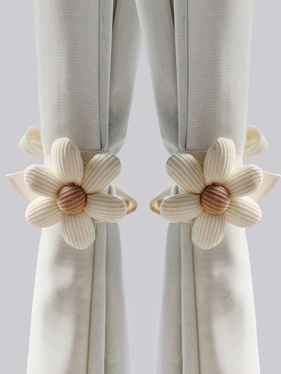2件装立体花瓣儿童窗帘绑带卡通创意可爱花朵窗帘收口绑带 - 米色 - 查看 1