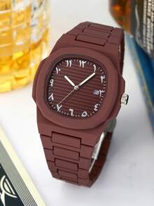 1 件男士优质塑料简约日历反时尚横条纹男士手表石英男士手表 - 白色 - 查看 4